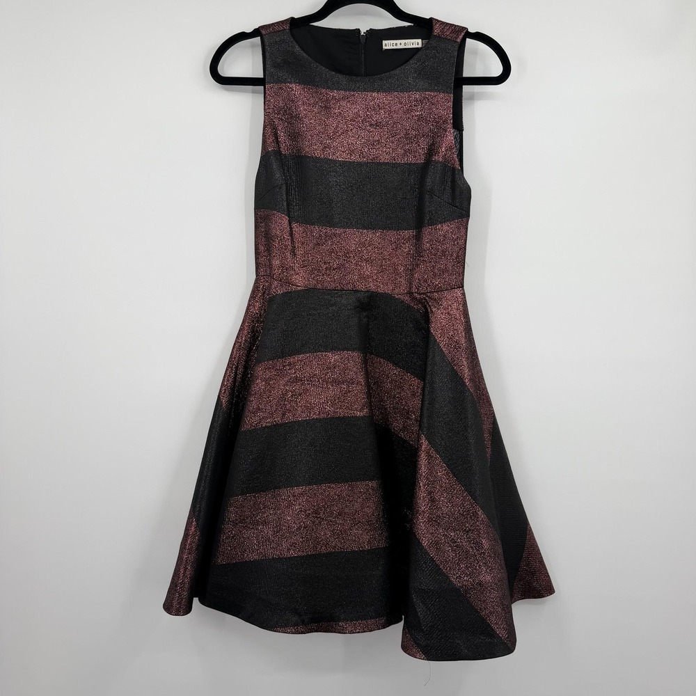 Alice + Olivia Dress Womens 4 Black Fit & Flare Striped Jacquard Lined Glitter